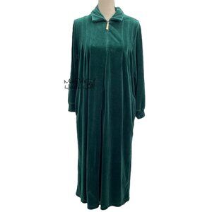 Draper's & Damon's Green Velour Long Sleeve Zip Front Lounge Dress Robe PM